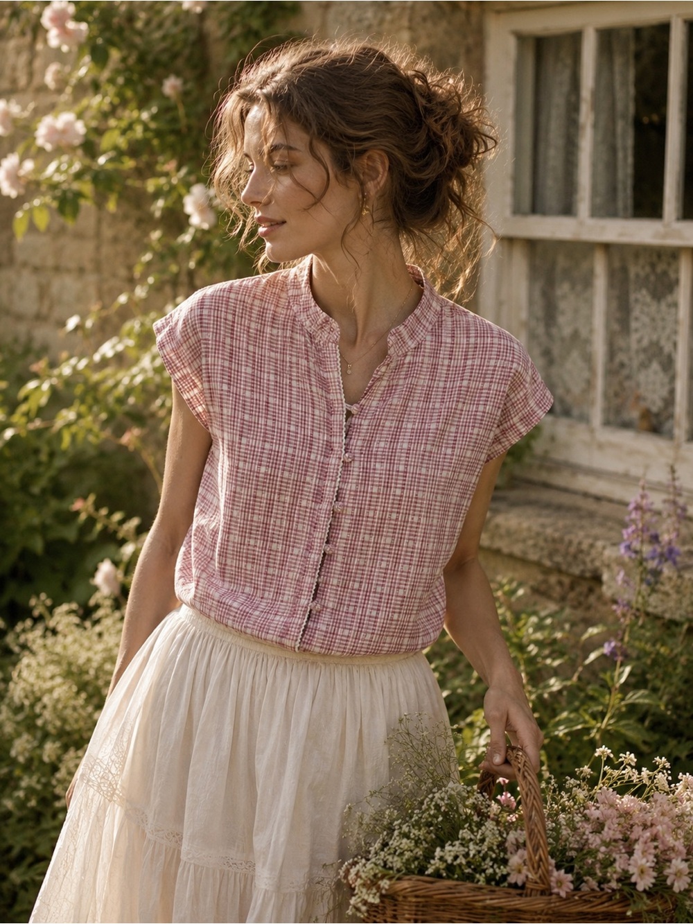 Woolrich Cottagecore Plaid Cotton Top Prairie Farmhouse Boho Light Coquette Pink